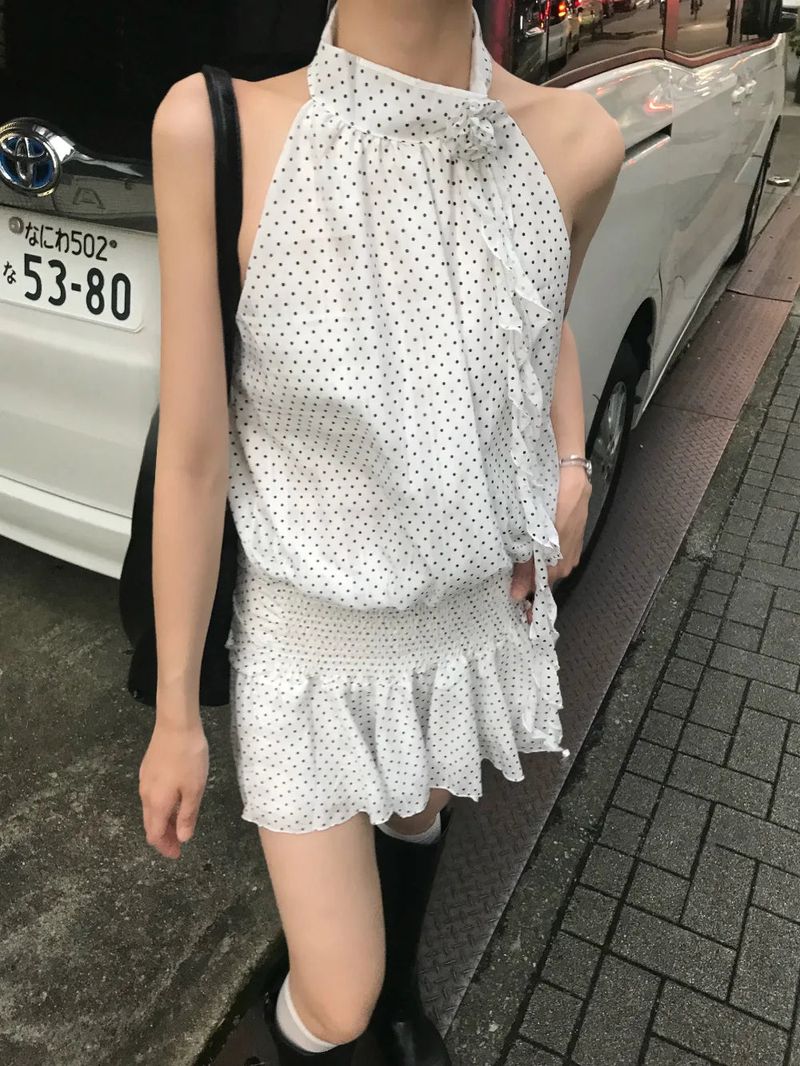 Atelier Dot Frill Haler Flare Mini Dress