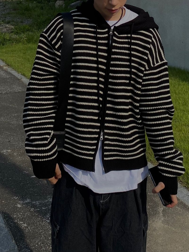 Stripe knit hooded zip up 3C