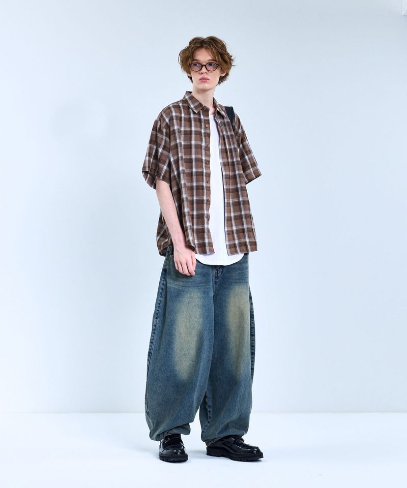 87-STAN067 Vintage Forest OverFit Short-Sleeved Tartan Check Shirt