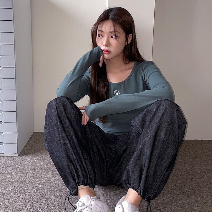 STITCH U-NECK COTTON SPAN LONG SLEEVE