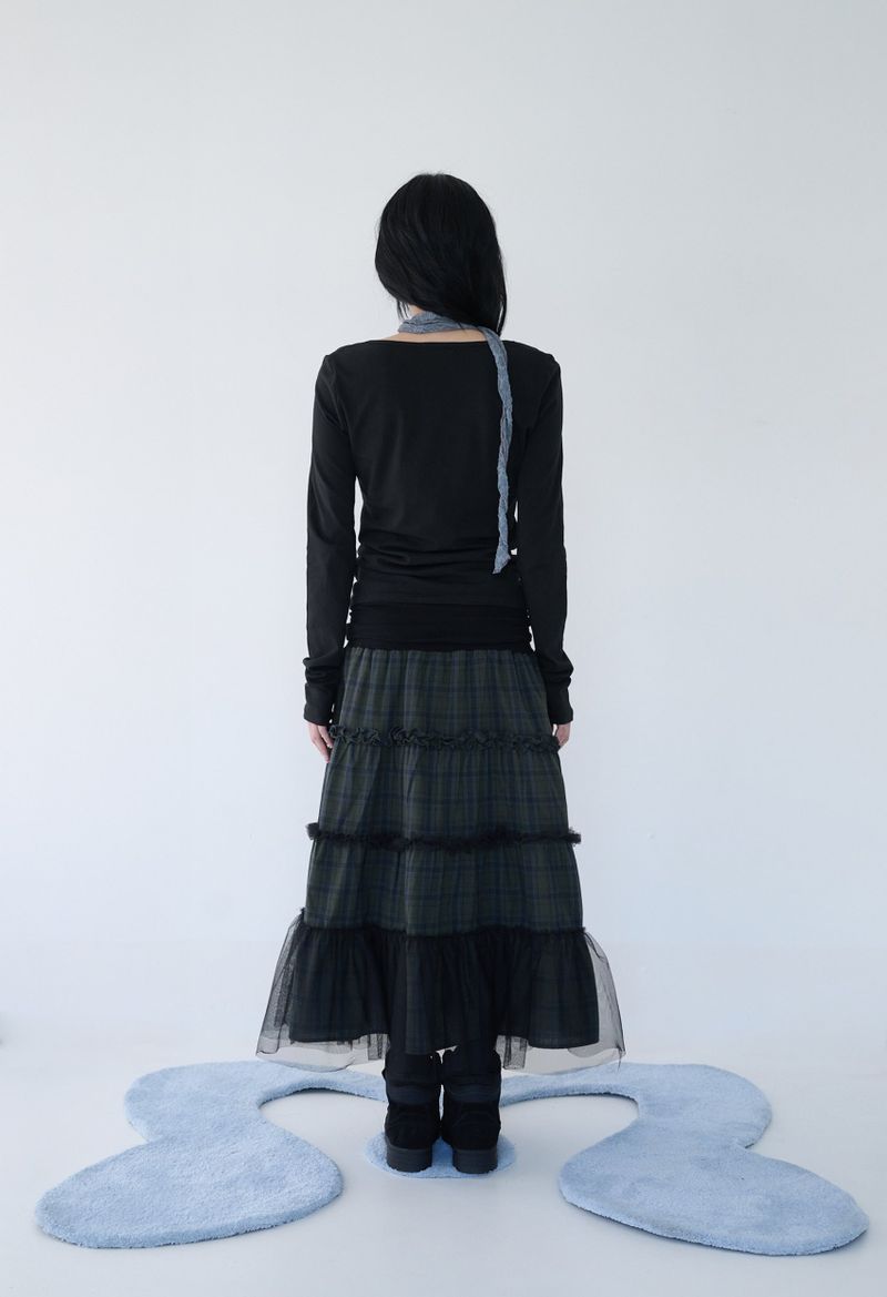 FOLDED CHECK FRILL MESH SK KHAKI