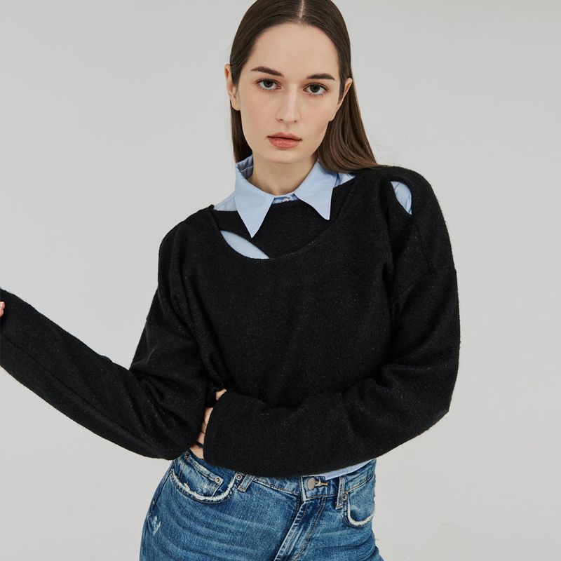 FREIHEIT(フライハイト)の「CUT OUT 2-WAY WOOL CROP TOP (BLACK)(Tops)」
