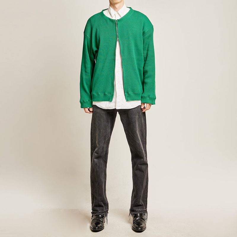 DAMP 2-WAY ZIP-UP WAFFLE CARDIGAN_GREEN