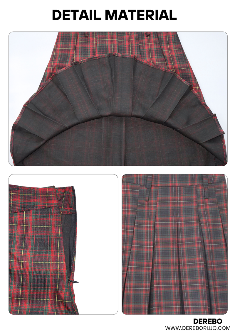 Red Preppy Checkered Midi Pleats Skirt