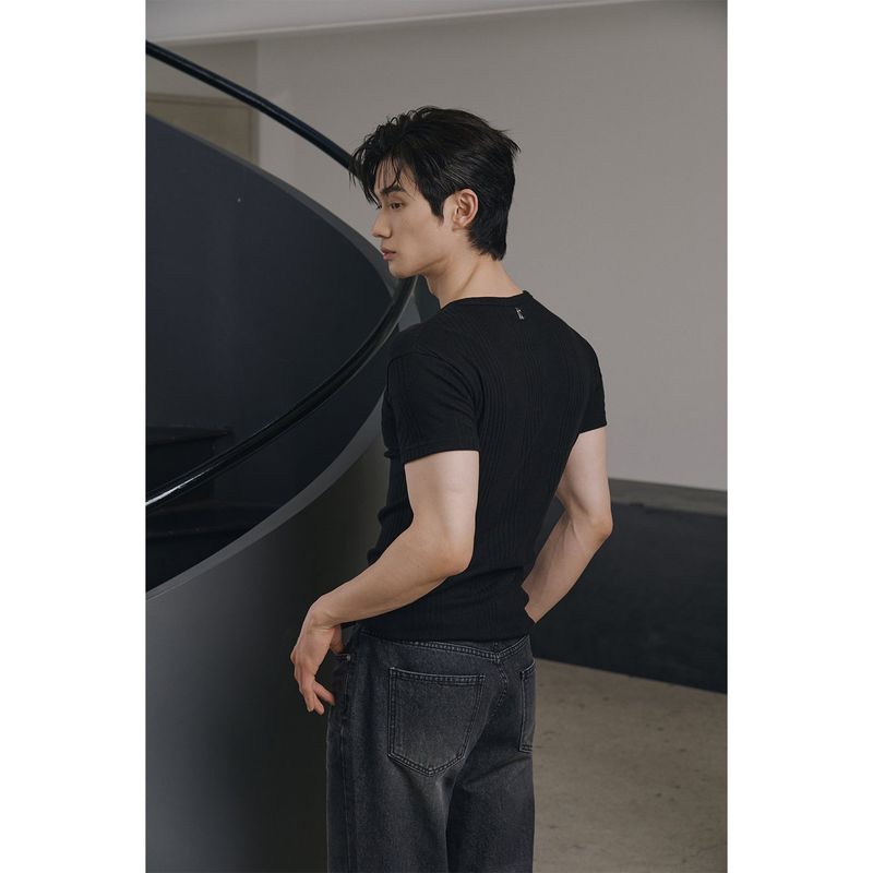 High ribbed henry neck half sleeves(Black)
