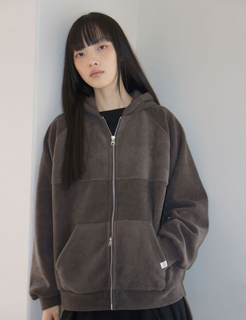 FLEECE HOODIE ZIP-UP(BROWN)