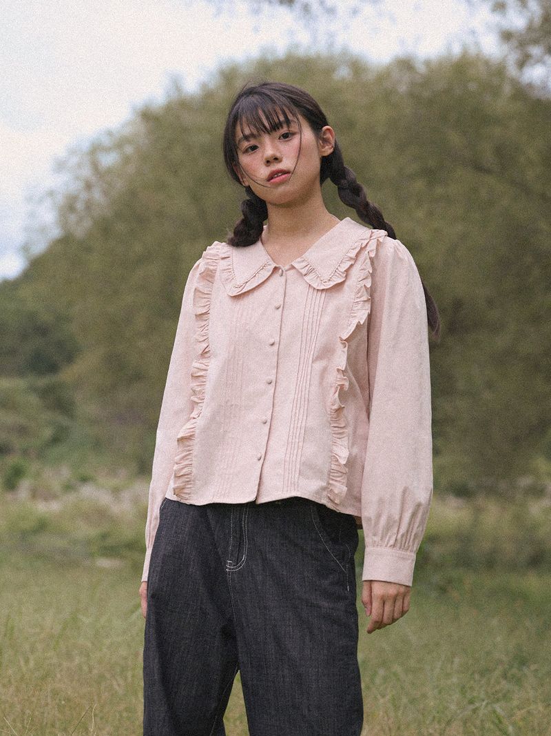 Frill Collar Ruffle-Tuck Blouse (2colors)