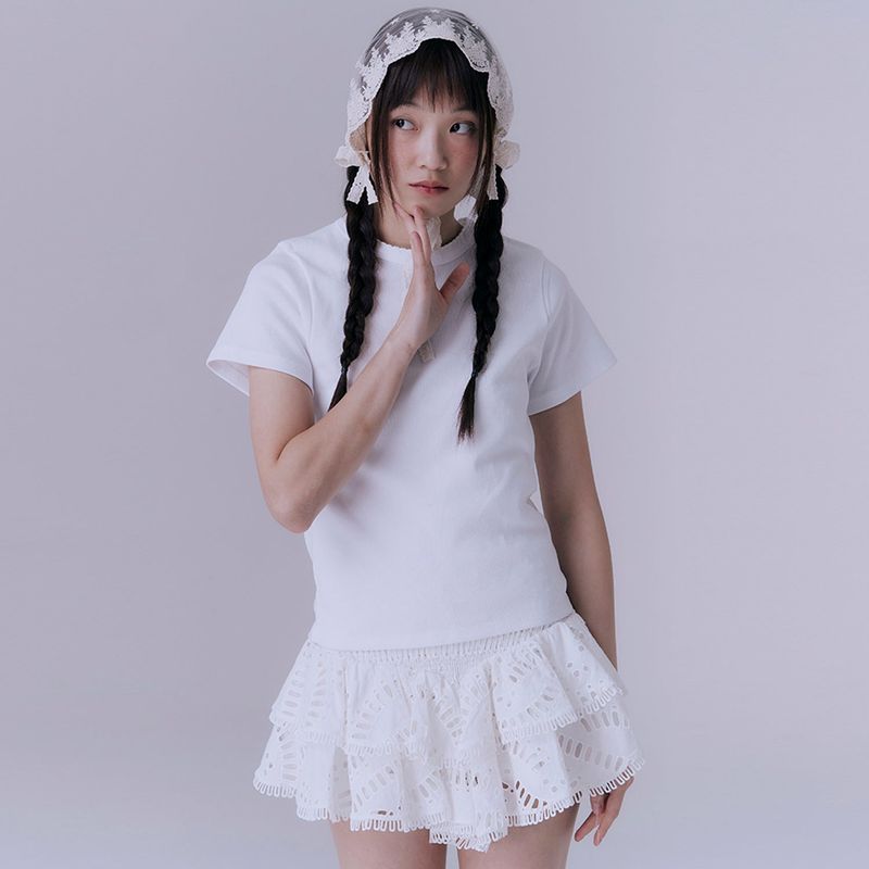 90's scallop stitch neck t-shirt (WHITE)