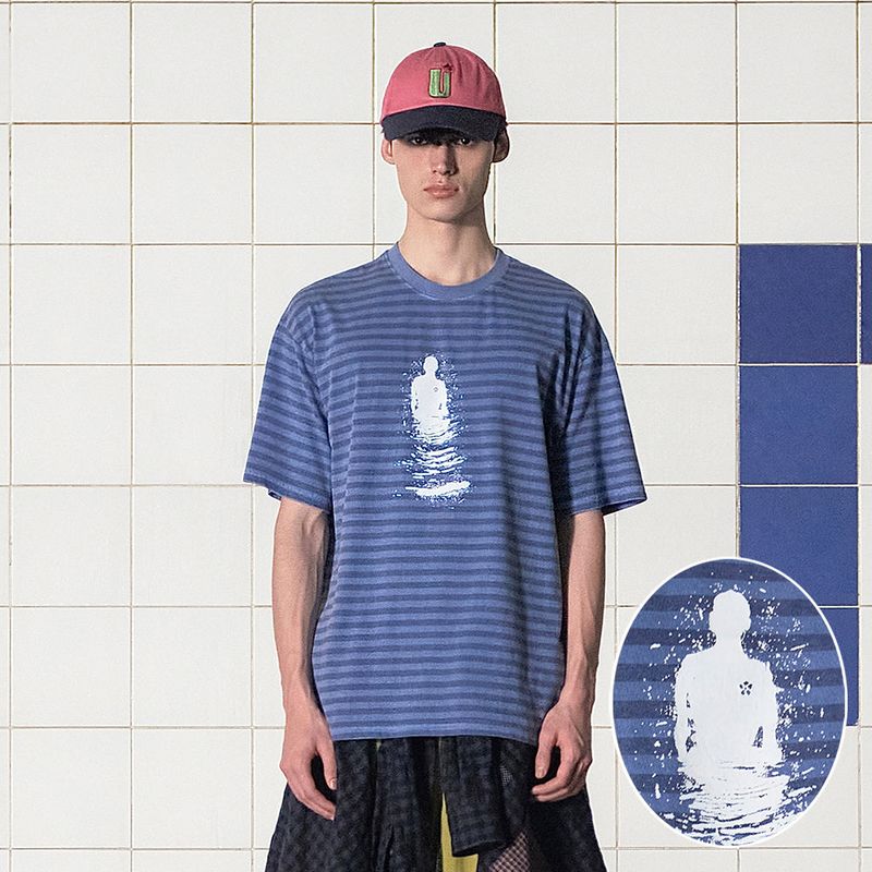 UNALLOYED（アナロイド）の「PIGMENT STRIPE T SHIRT / BLUE（Tops）」