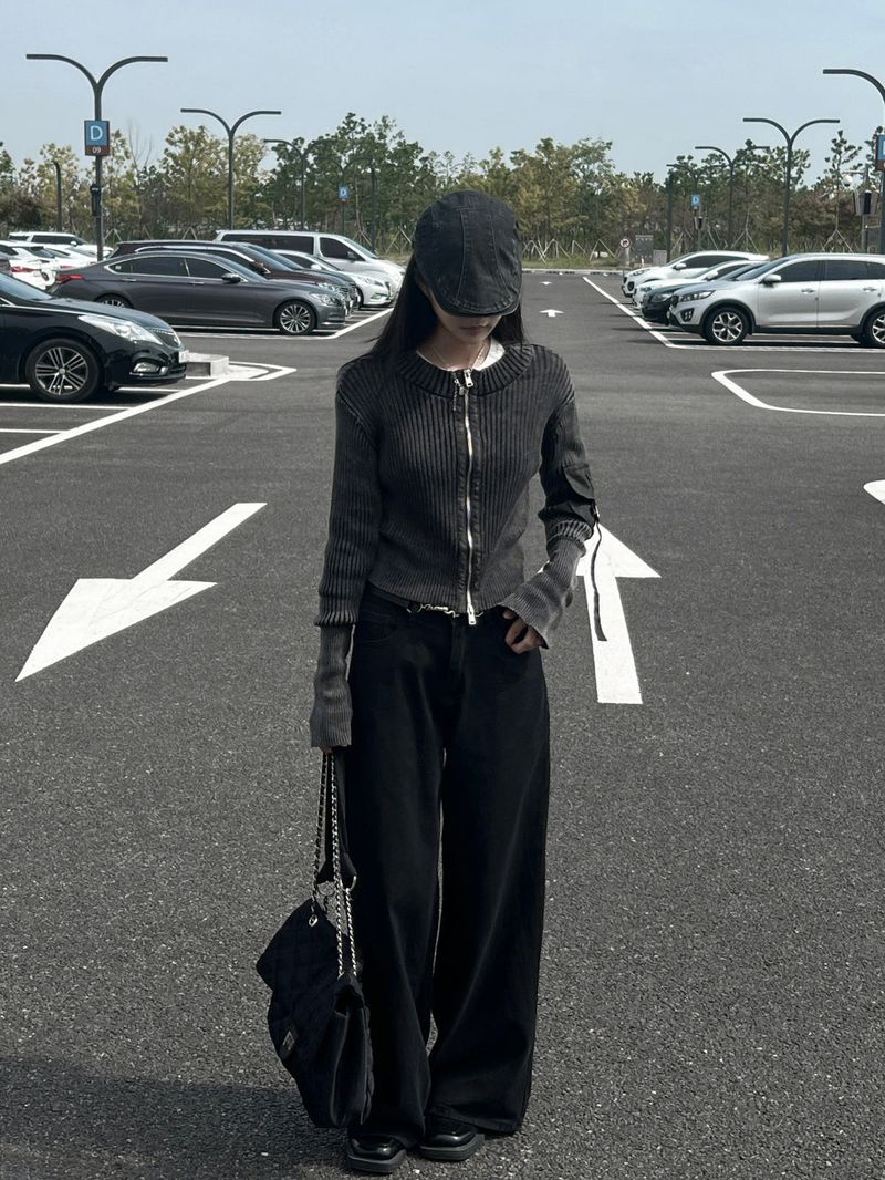 Y2K Back Point X Strap Bijo Wide Loose Fit Denim Long Pants (Black)