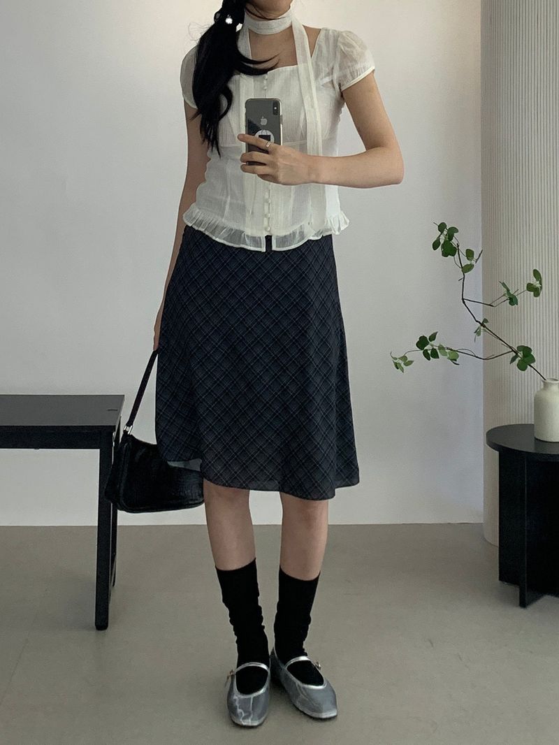 Sovy check flare midi skirt