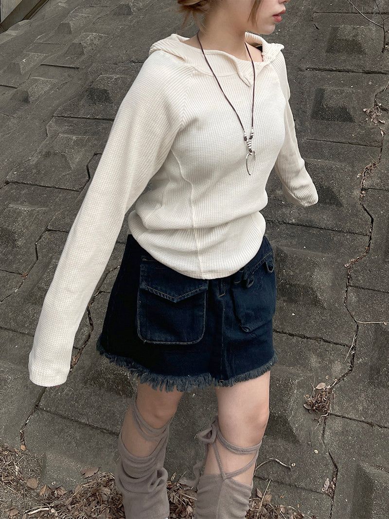 Waffle cut diagonal knit hood