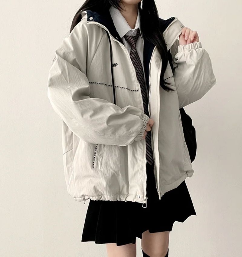 Raden color matching checkline zipper string high neck padded jumper