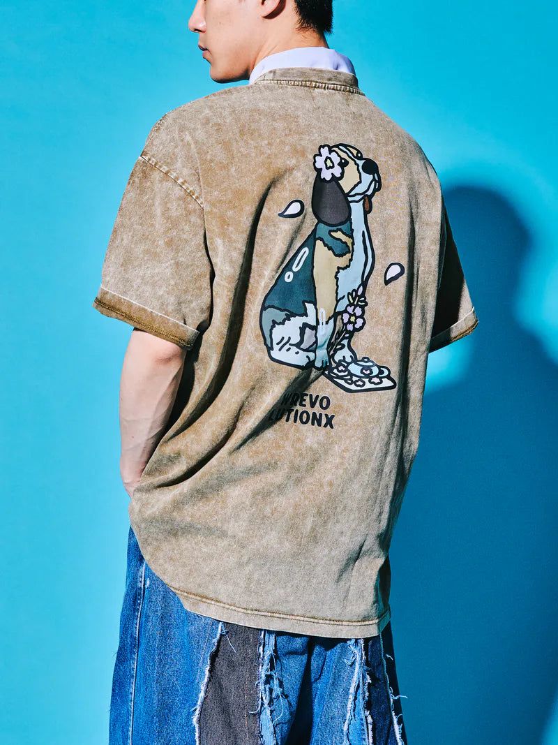 WREVOLUTIONX by WooLeeX（レボリューションエックス バイ ウーリーエックス）の「Sakura Animals Olive Denim Washed T-Shirt (Doggy)（Tops）」