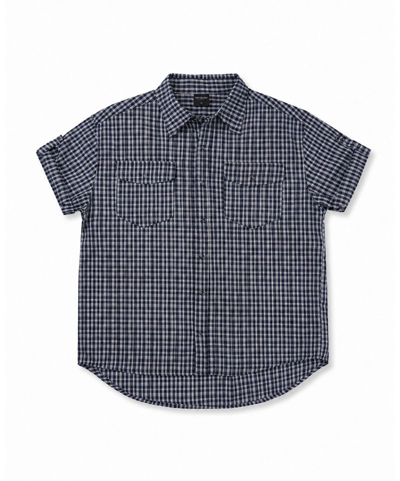 Sheer Kerr Roll-Up Checkered Cropped Short Sleeve Shirt - Navy