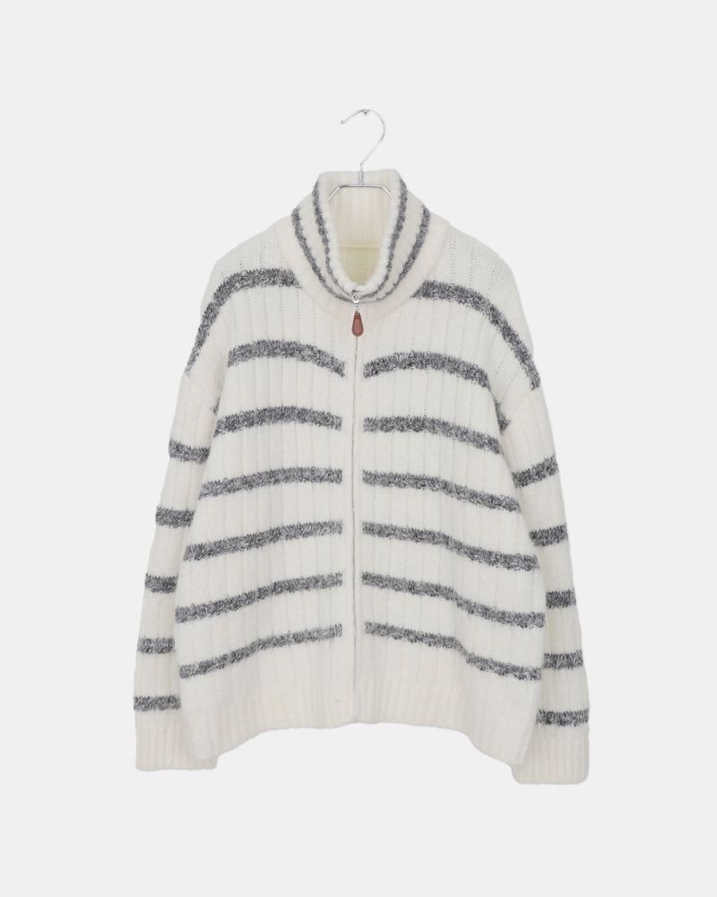 Boyu Striped Mohair Zip-Up Knit Cardigan
