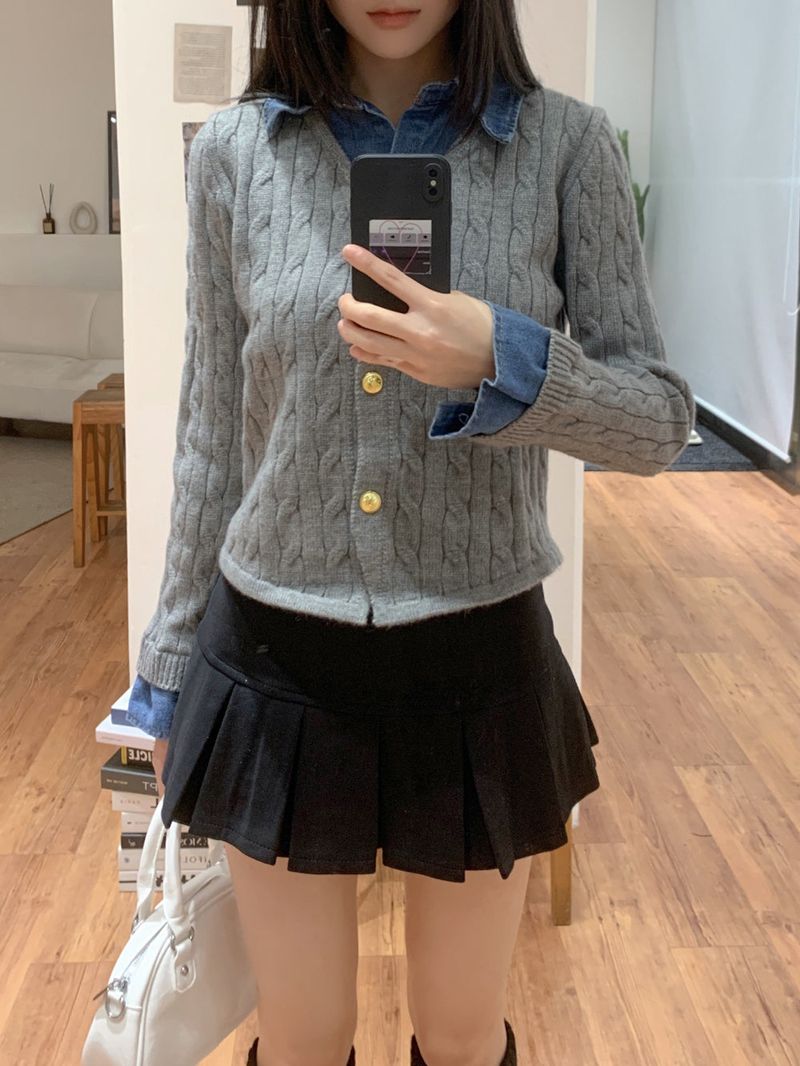 Perry Denim-Layer Cable Knit Long Sleeve Cardigan