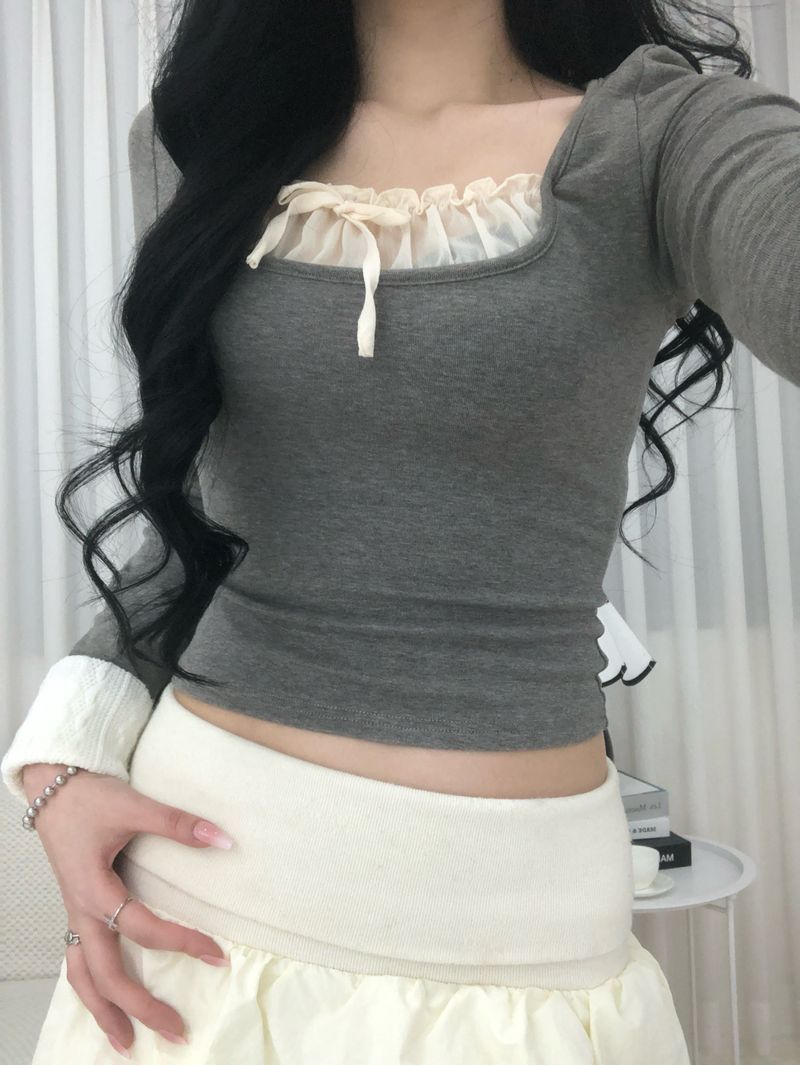 Gray Frill Mix Knit Top