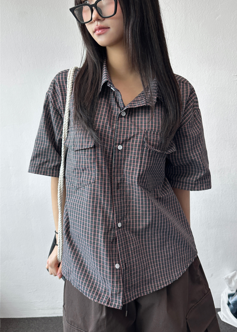 Cake Check Button Collar Short Sleeve Shirt 2 COLORS