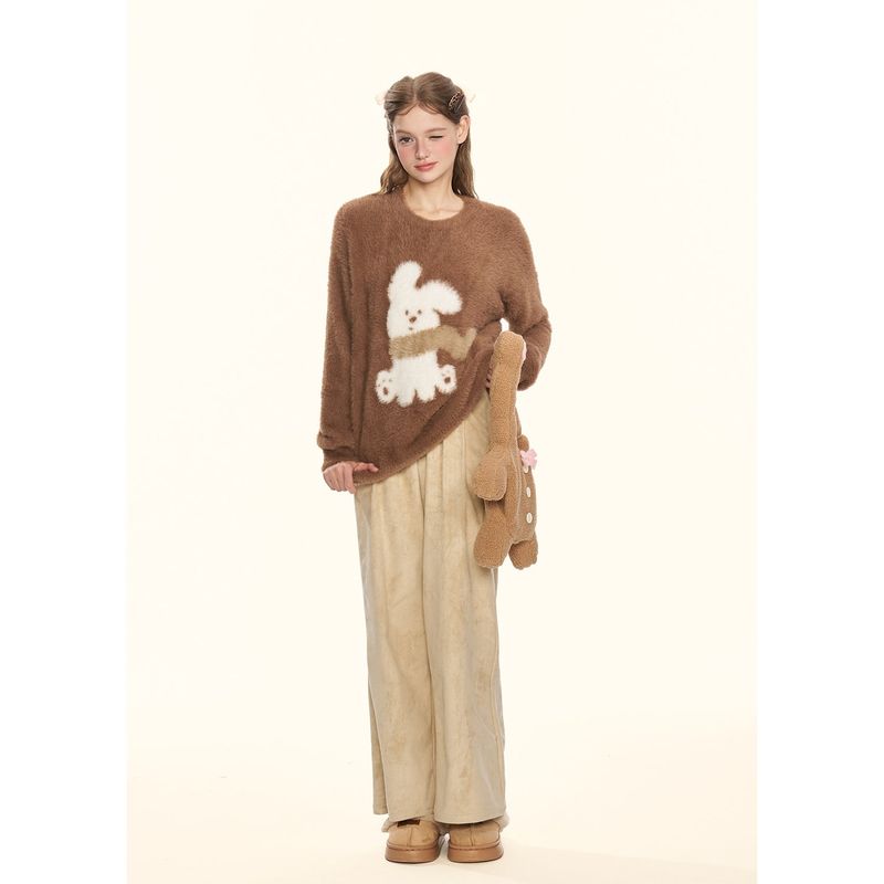 [GirlyFancyClub] Leopard Bowknot Series* Versatile Straight Leg Casual Double-sided Suede Pants