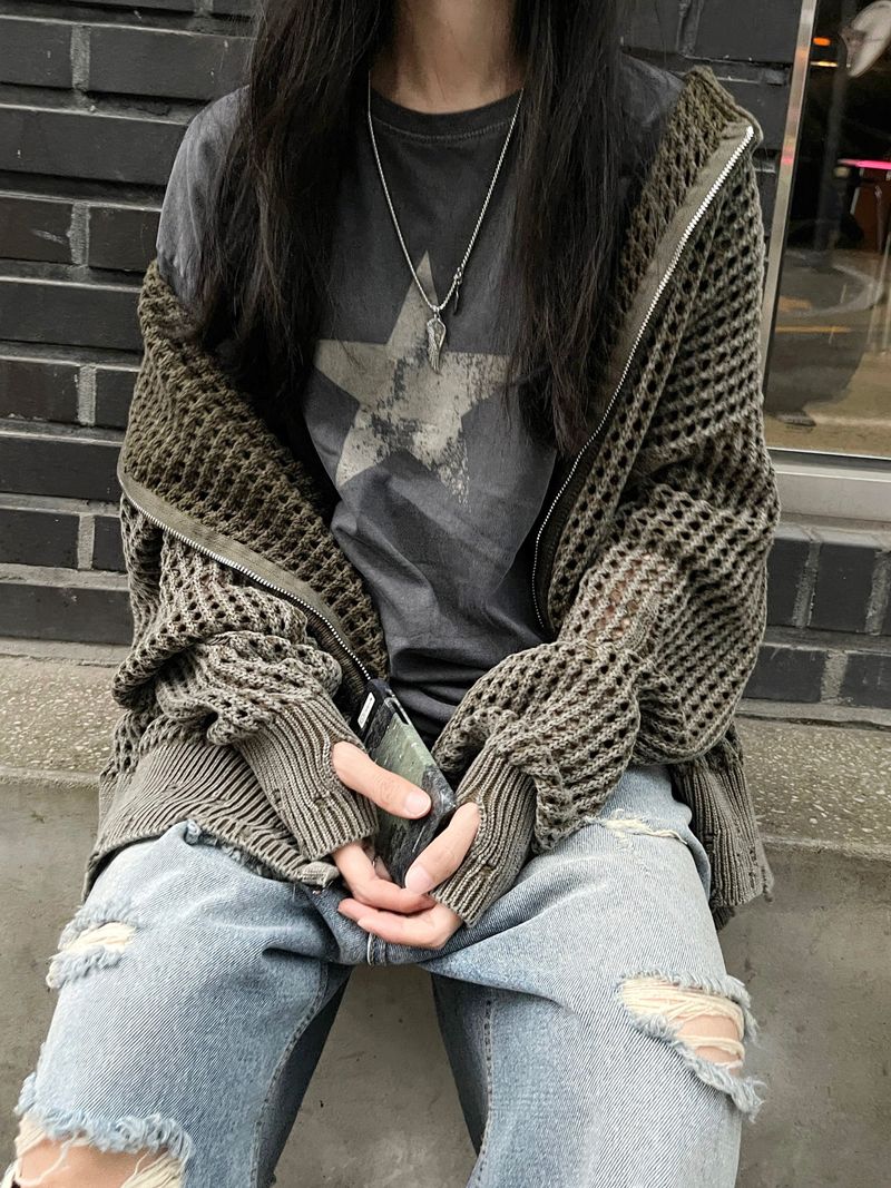 Dyeing Damage Mesh Hooded Zip-Up