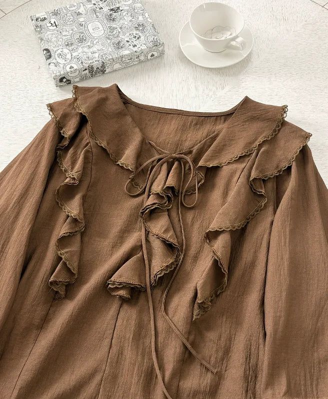 Shushu V-Neck Lace Ruffle Blouse