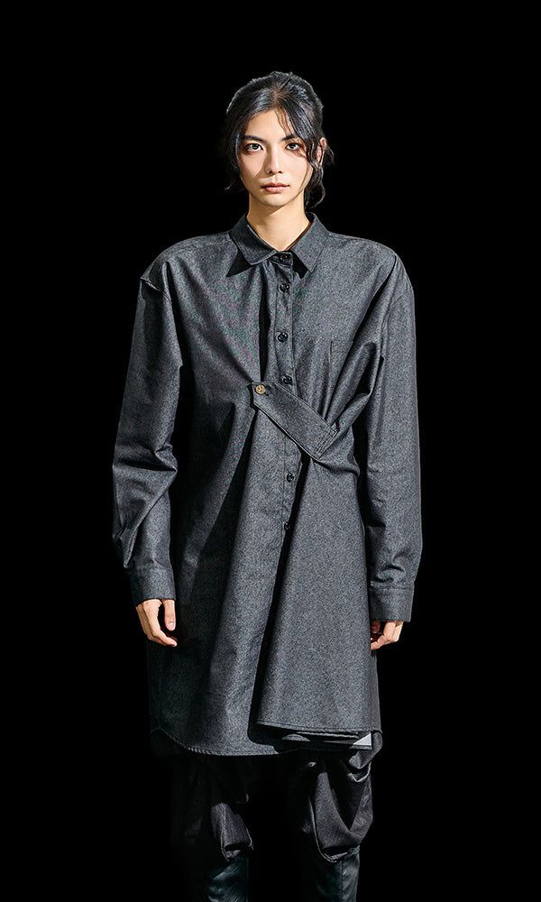 Reculer（ルキュレ）の「ドレーピングベーシックロングシャツ  ライクデニムブラック（トップス）」