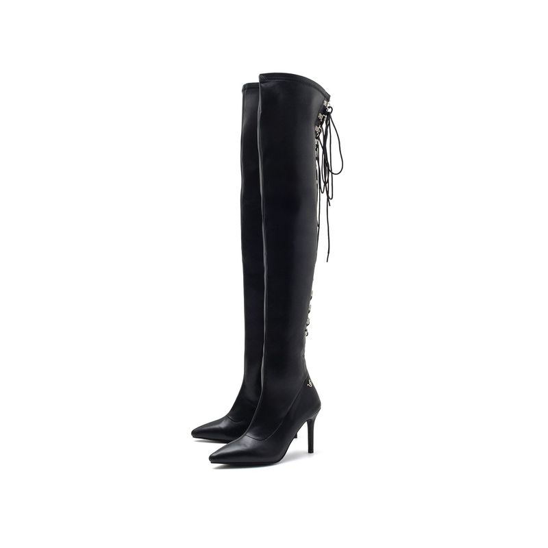 Back Lace-Up Thigh High Boots Heel(Black)