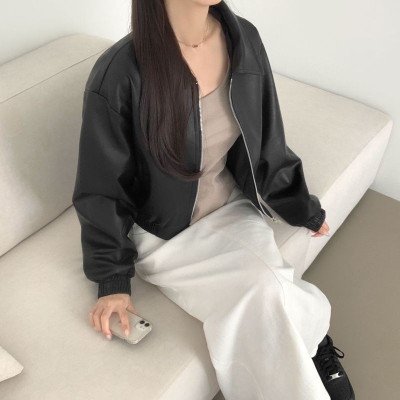 autumn leather two-way cropped jacket