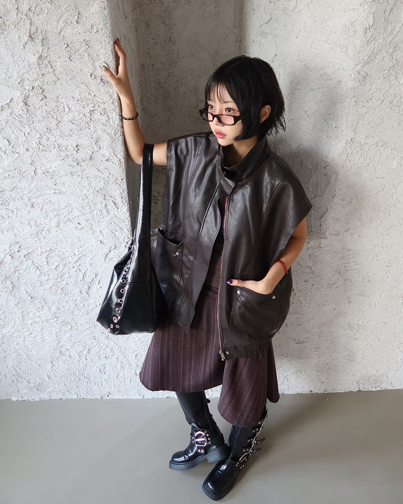 leather oversized fit vest jacket