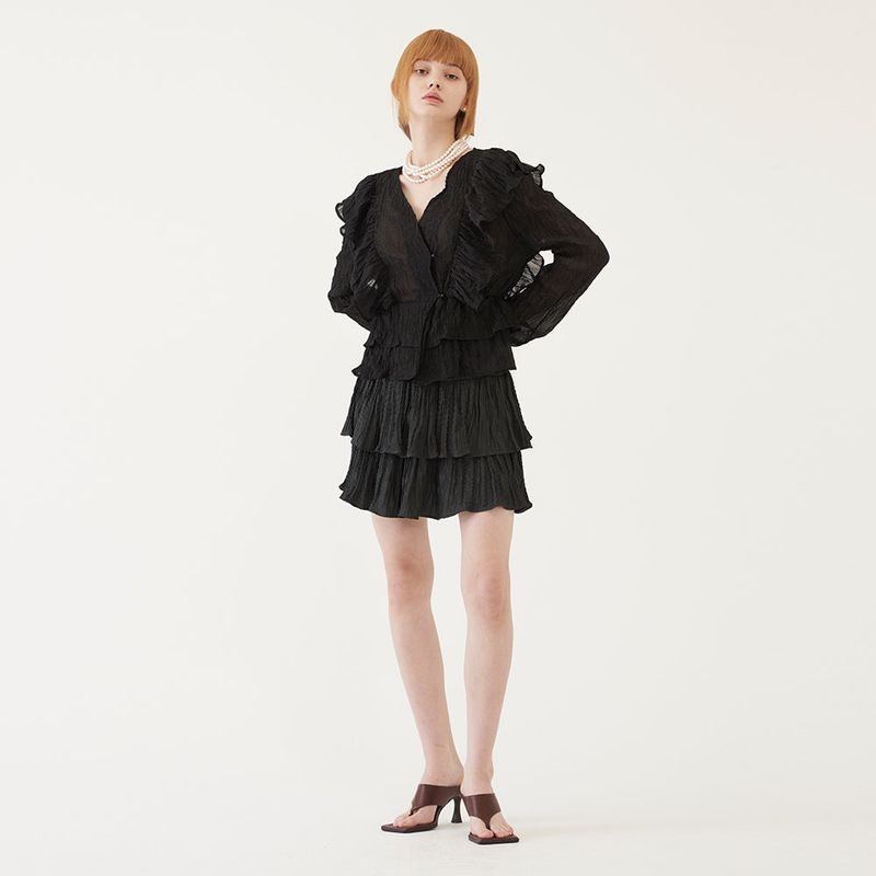 TMO BY 13MONTH(ティーエムオーバイサーティーンマンス)の「RUFFLED MINI SKIRT (BLACK)(Skirts)」