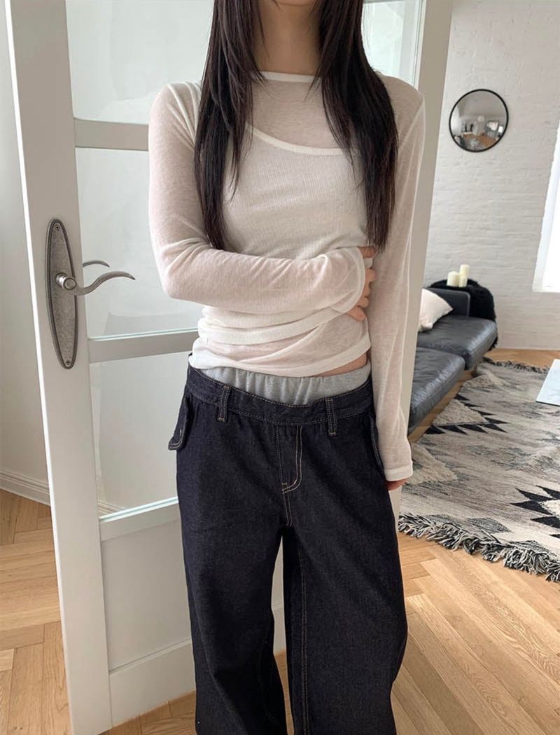 Layered banding denim pants