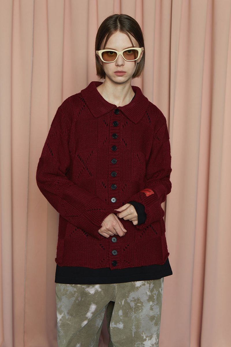 BUTTON ARGYLE KNIT JACKET / WINE