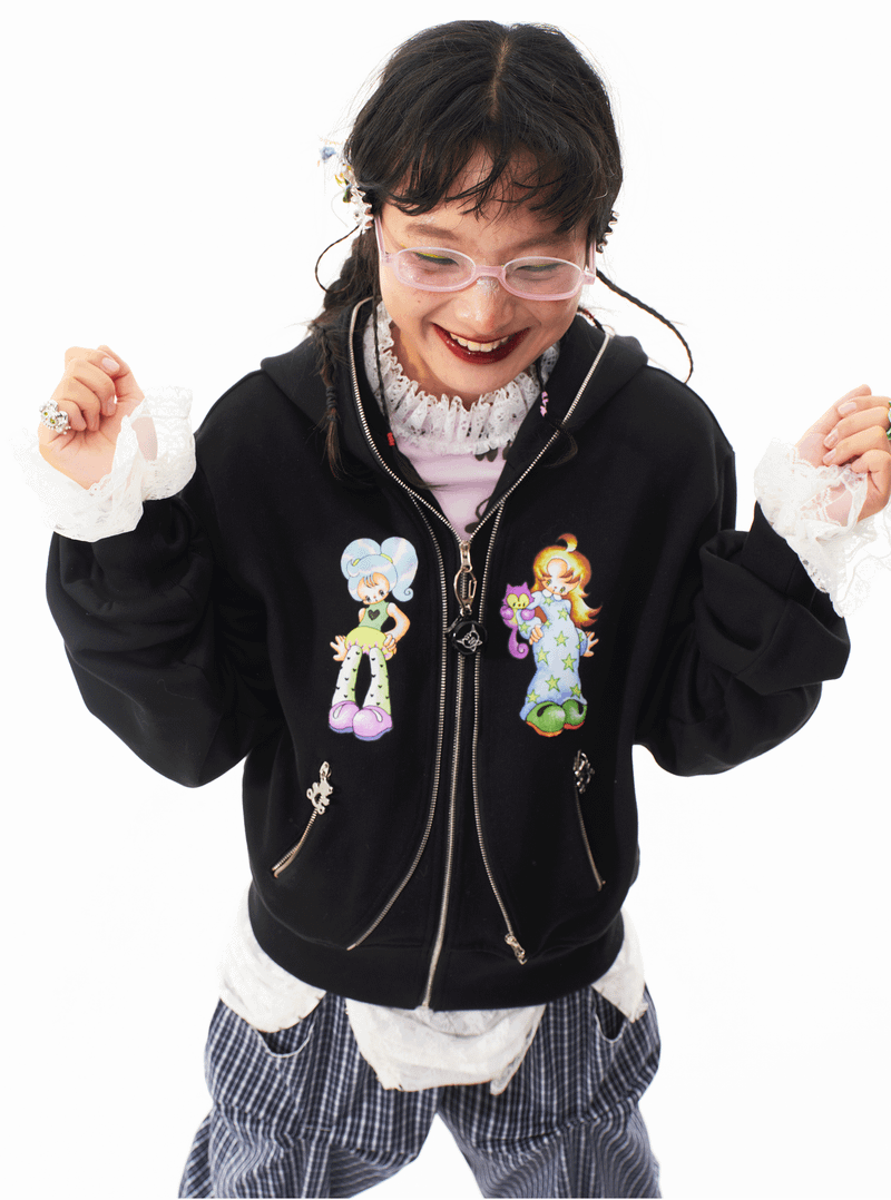 sillysis 黒のかわいい女の子イラスト、両頭金属ジッパー構造感スウェットパーカー