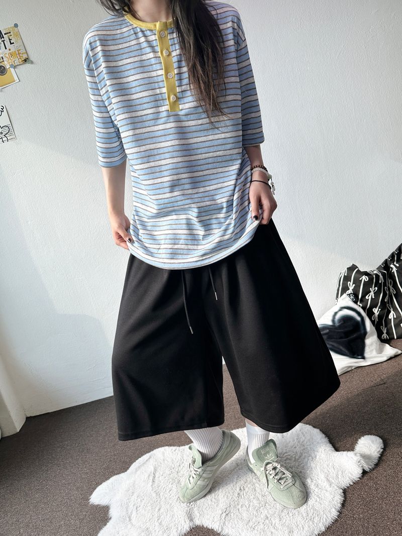 Yuria Cooling Stripe Henley Tee 3color