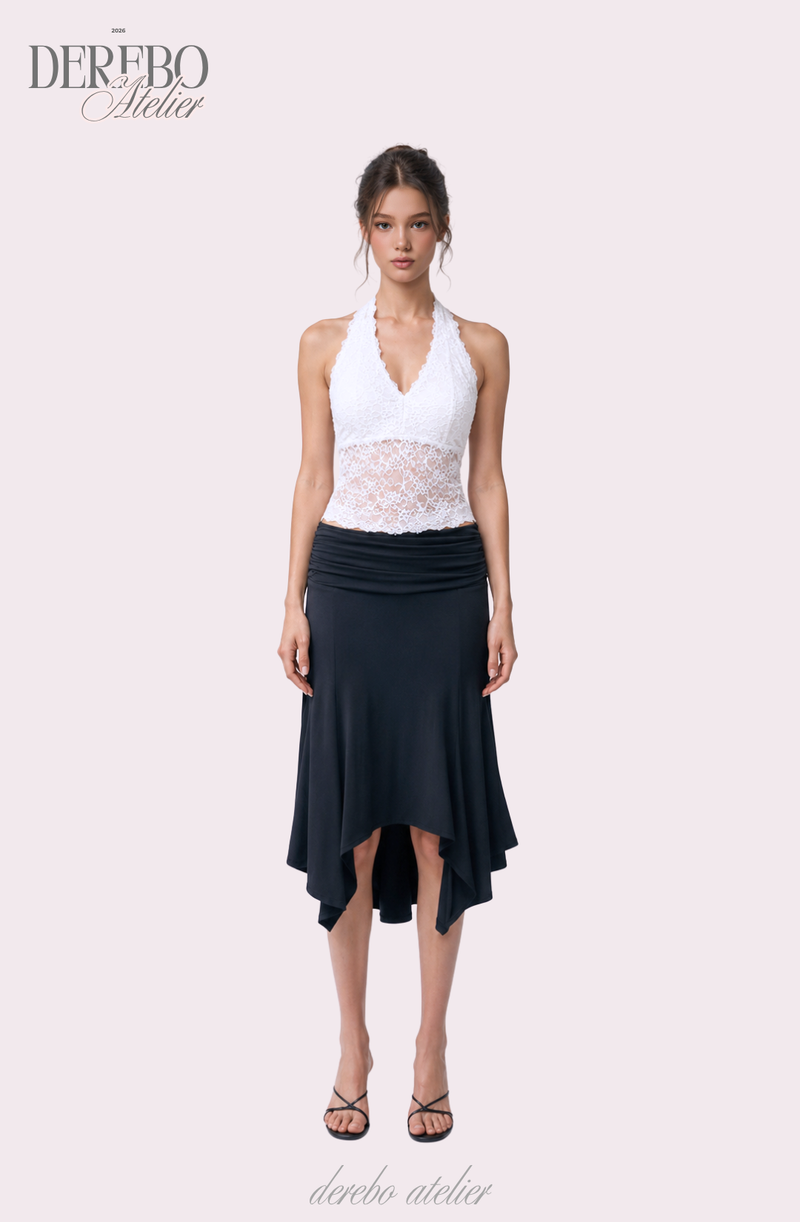mood fit unbalanced midi long skirt