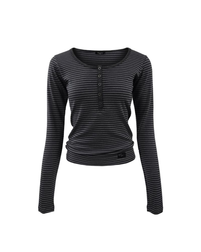 Henley Neck Long Sleeve Stripe Charcoal