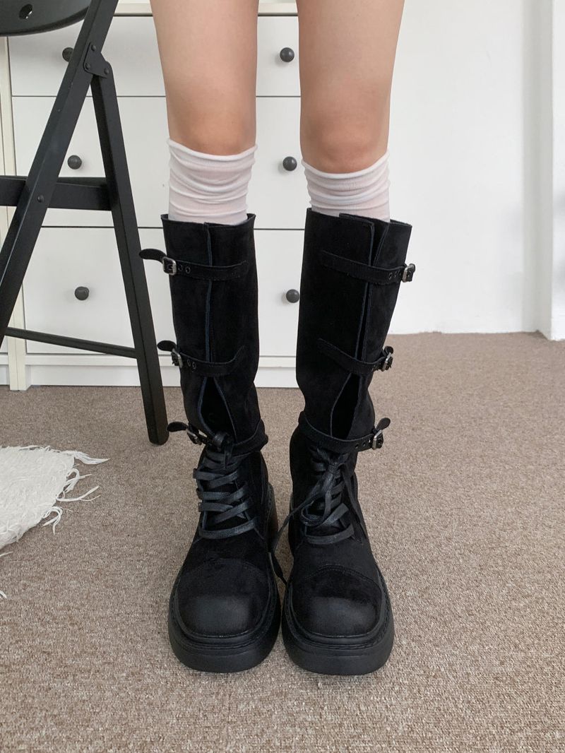 Kelvo Triple Buckle Belt Lace-Up Suede Oversole Long Boots (2 Colors)