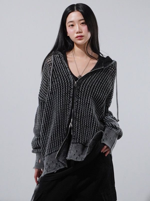 KIXI（キッシー）の「(UNISEX) ダイメッシュフードジップアップニット（トップス）」