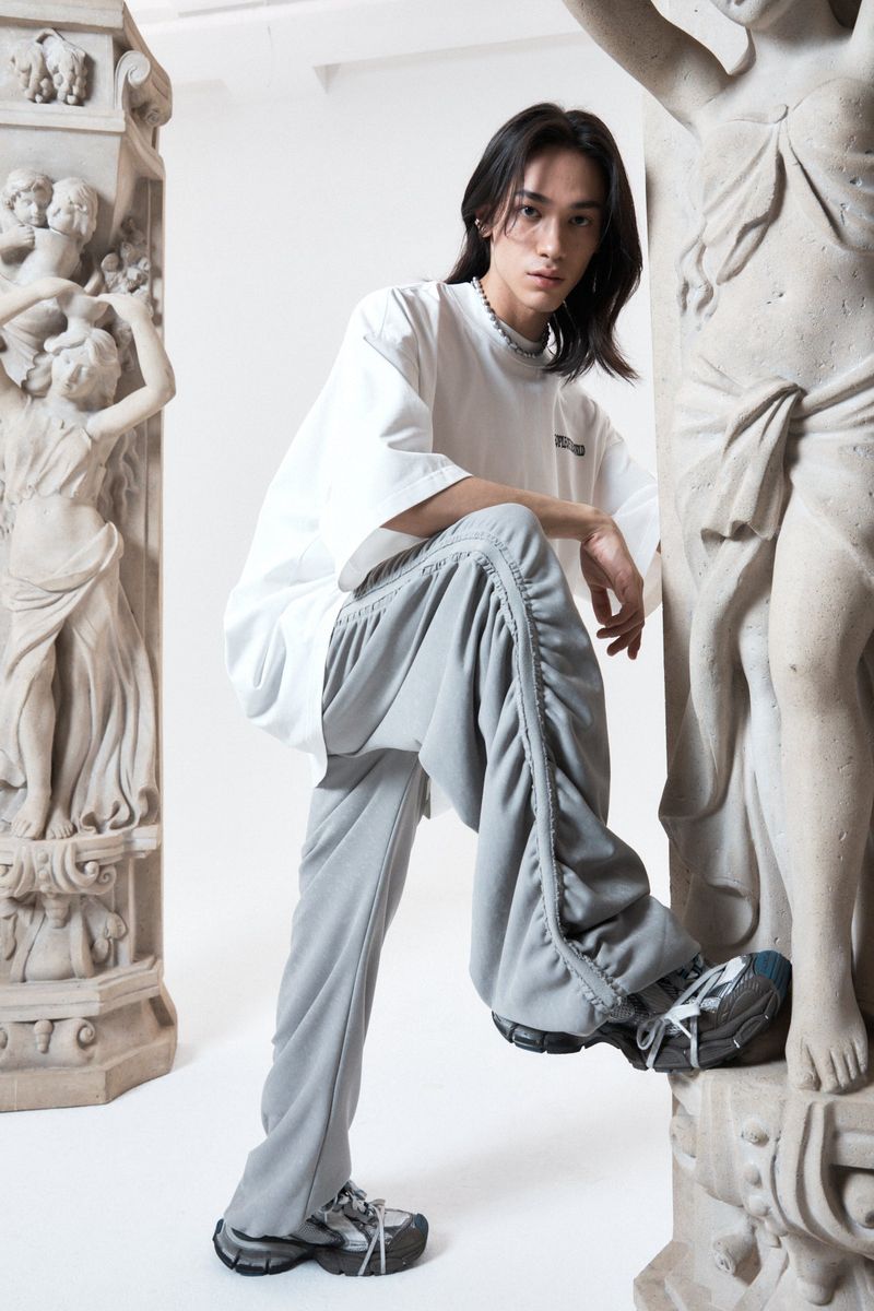 shirring wide banded pants (GRAY)