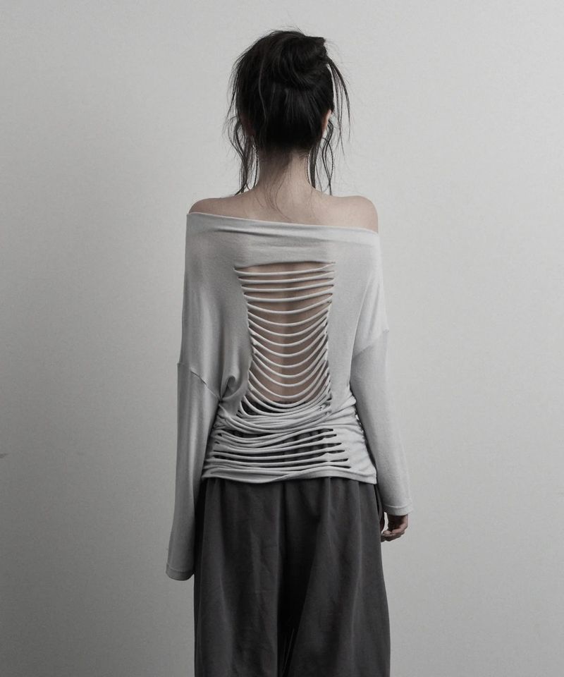 [label] back damage off-shoulder top (gray)