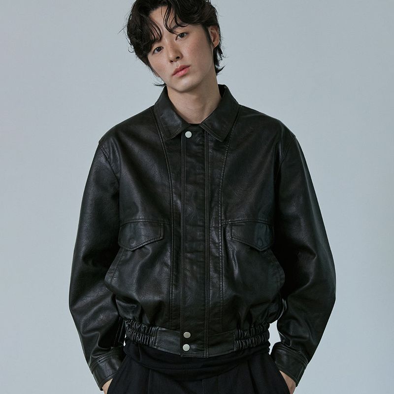 Washed Faux Leather Blouson (Dark Brown)
