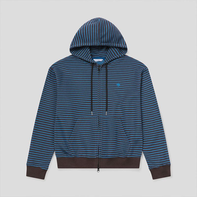 SLOW RECORD HOUSE（スロー レコード ハウス）の「Stripe Knit Hoodie Zip-Up_Blue（Tops）」