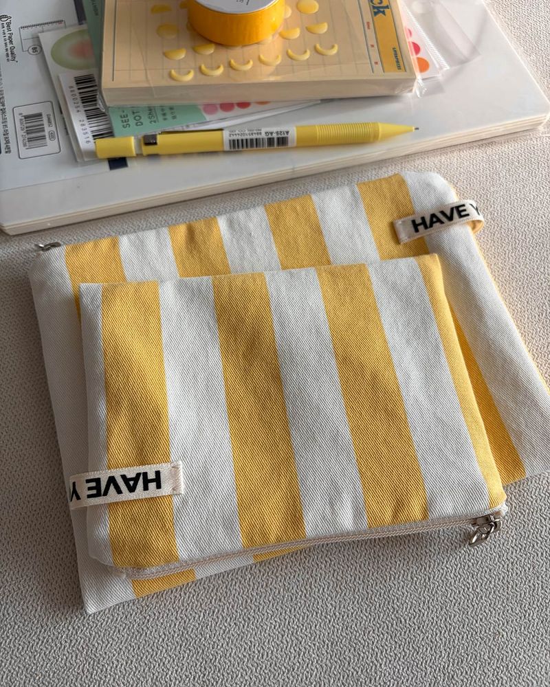 Wide stripe flat pouch - yellow , M size