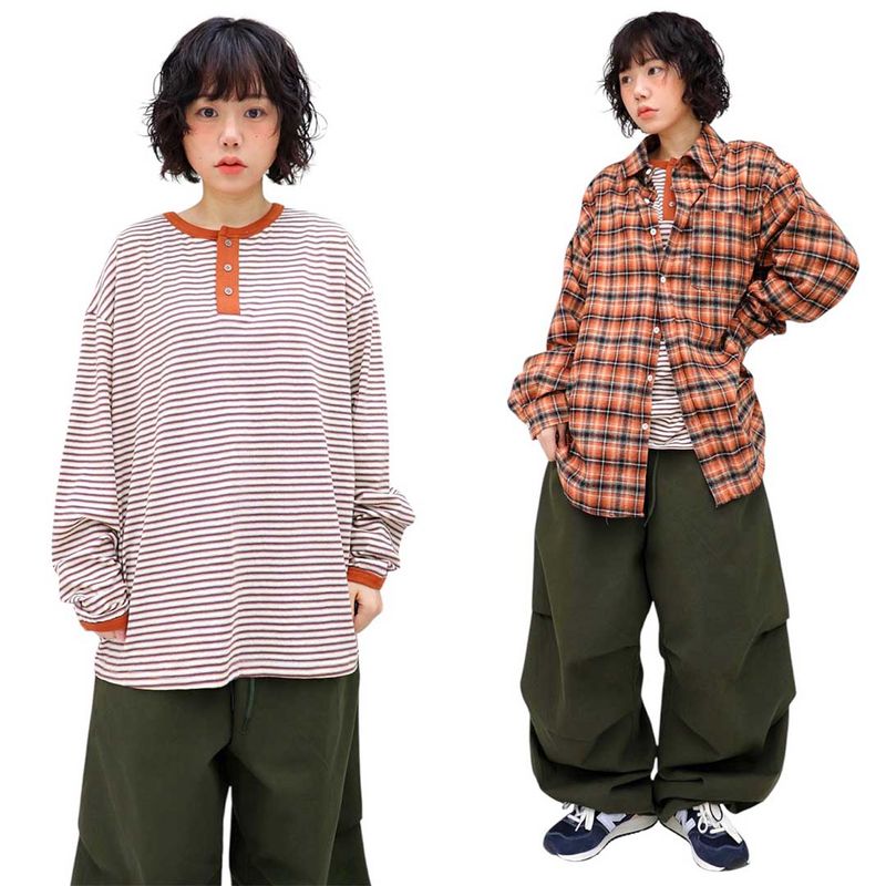 HundoP(ハンドピー)の「Vintage Color-Block Stripe Henley Long Sleeve Tee(Tops)」