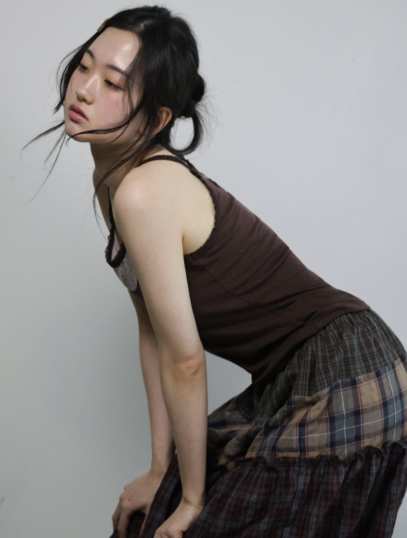 Check frill skirt -Burgundy
