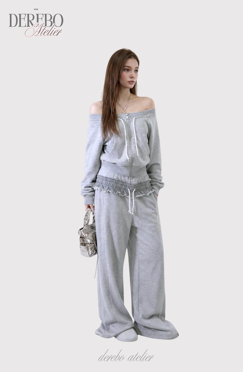 Grey off-shoulder zip-up frill training setup (SET)