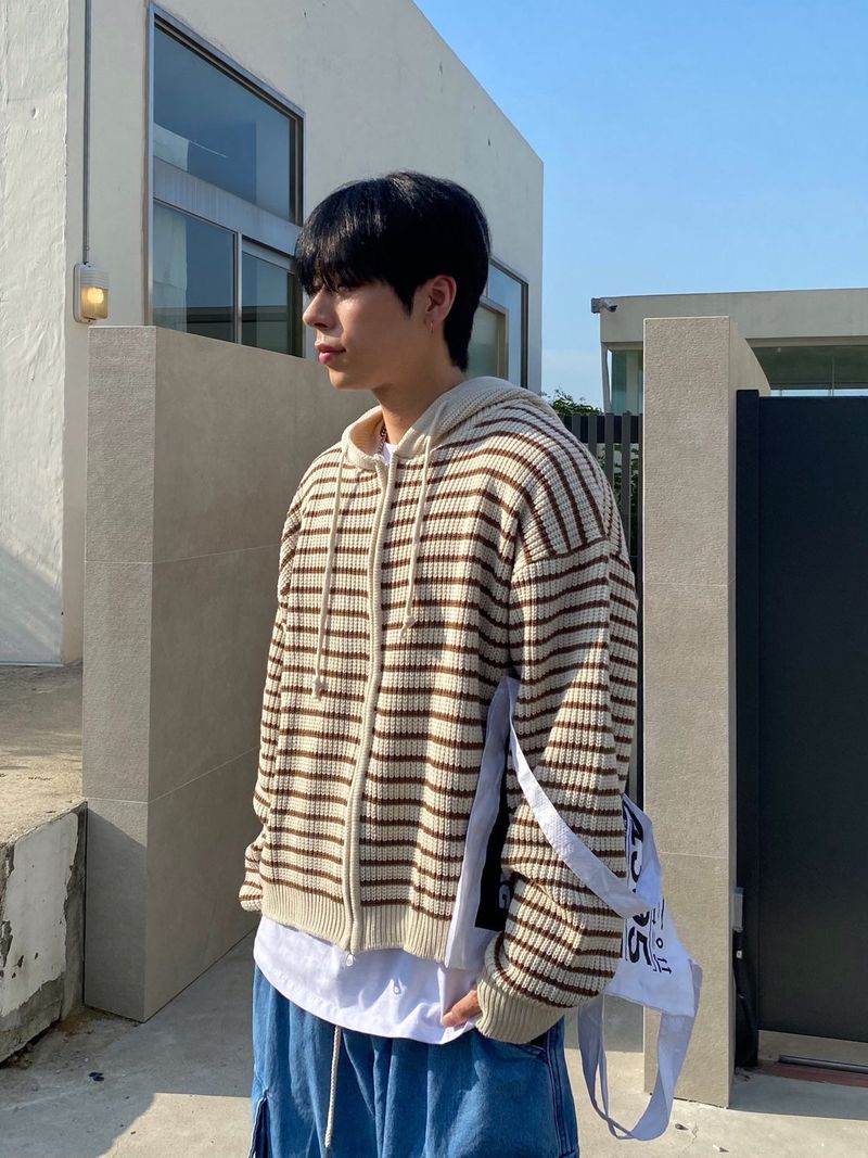 Stripe knit hooded zip up 3C