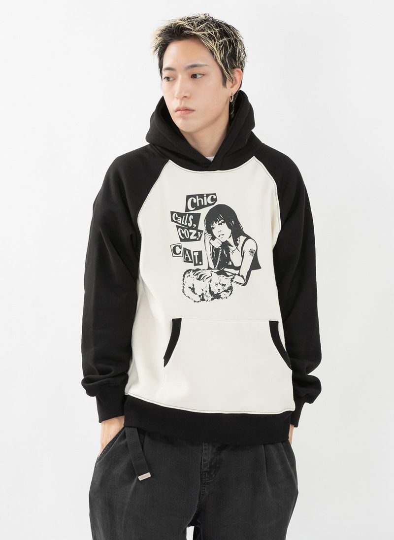 COZY CAT RAGLAN HOODIE (BLACK BEIGE)