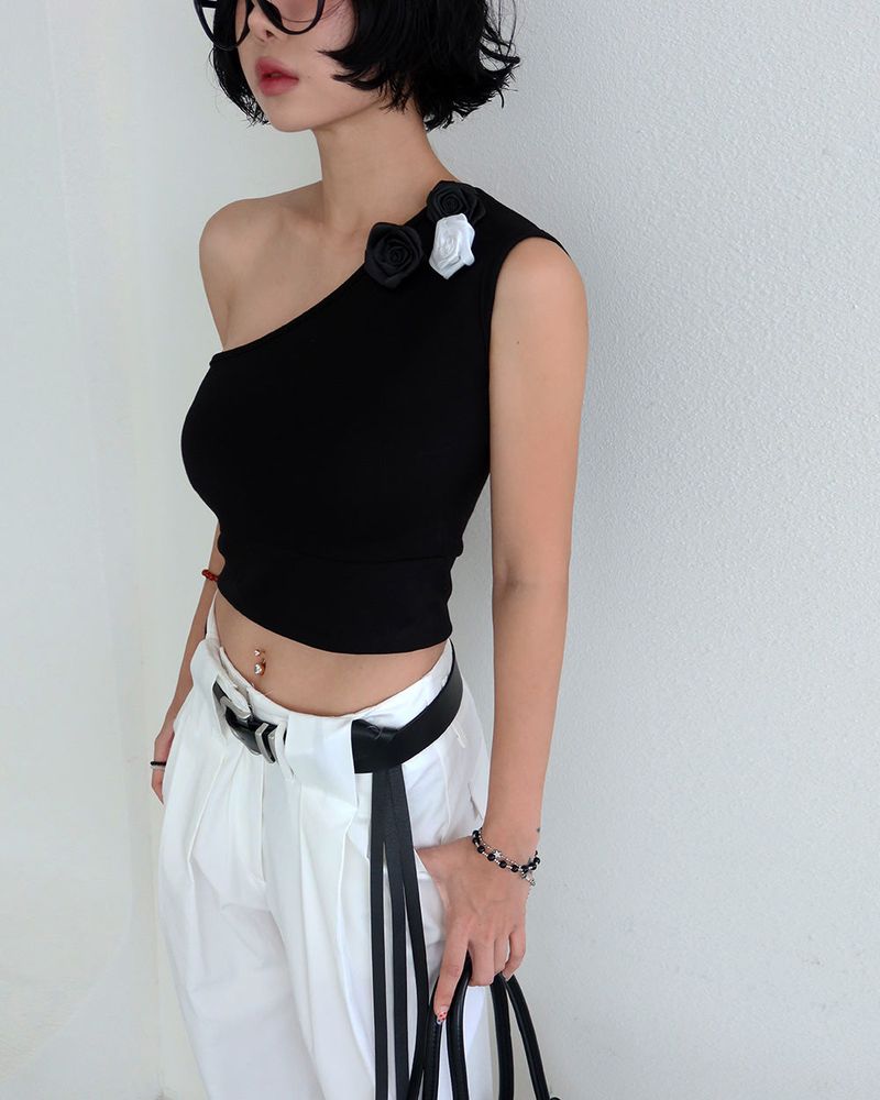 Rose Cosage 3ps Detachable Unbalanced Shoulder Sleeveless
